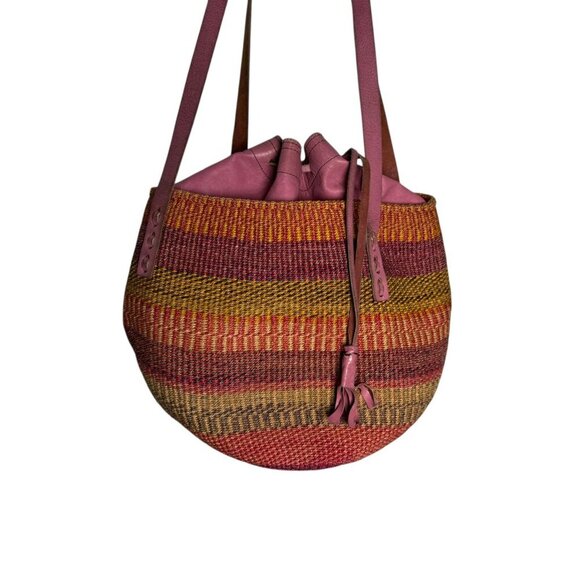 Vintage Woven Sisal Market Basket Tote Bag Leather Drawstring Closure Raffia - Picture 9 of 16